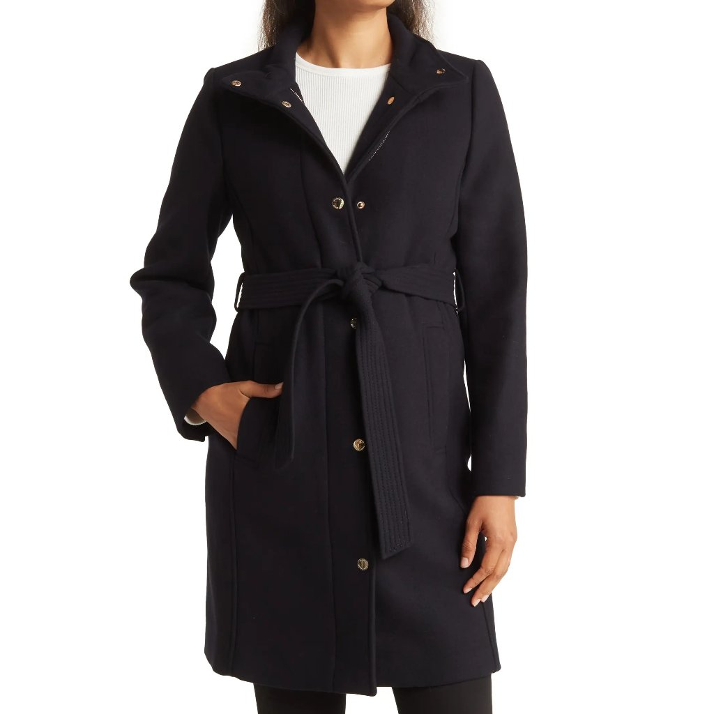 Nwt Michael Kors Wool Belted Coat, Dark Navy Sleek, Warm & Chic Outerwear Small
